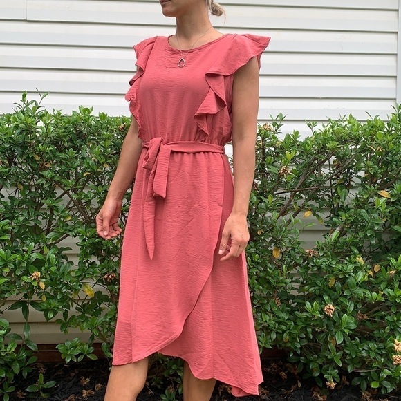Flamingo‎ Dress midi ruffle Sunday pink tie waist - Picture 1 of 6